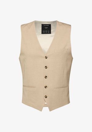 Beige op maat gemaakte herenvest met vijf bruine knopen, twee onderste steekzakken, één borststeekzak en een zijdeachtige binnenvoering.