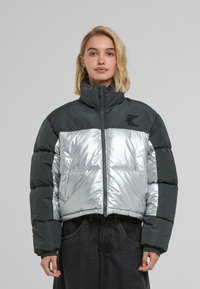 Padded jacket with shiny silver front and matte dark green sleeves, high collar, and zip closure. Features a logo on the chest.