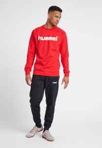 Sudadera roja con logo de la marca en blanco, combinada con pantalones jogger negros que cuentan con un logo. El modelo lleva zapatillas gris claro con detalles en rojo.