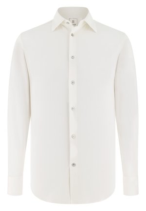 Balta krekla ar garām piedurknēm, klasiska apkakle, pogu aizdare un gluda, nedaudz spīdīga auduma ar piegriezumu.