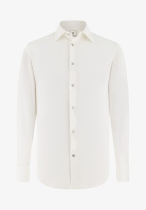 Balta krekla ar garām piedurknēm, klasiska apkakle, pogu aizdare un gluda, nedaudz spīdīga auduma ar piegriezumu.