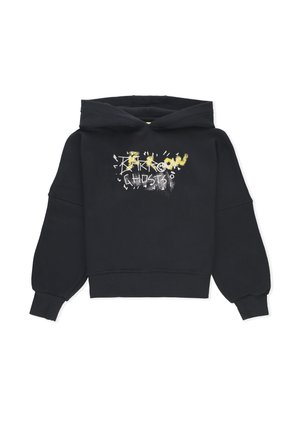 Sort cropped hoodie lavet af blødt materiale med hætte og snor. Har et grafisk print i hvid og gul på forsiden.