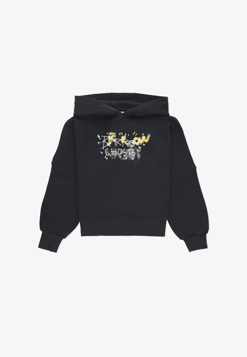 Sort cropped hoodie lavet af blødt materiale med hætte og snor. Har et grafisk print i hvid og gul på forsiden.