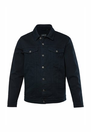 Donker marineblauwe denimjas, knoopsluiting, twee borstzakken met kleppen, lange mouwen en klassieke kraag. Getextureerde stof met een nette afwerking.