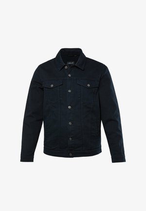 Giacca in denim blu scuro, chiusura a bottoni, due tasche sul petto con patte, maniche lunghe e collo classico. Tessuto testurizzato con una finitura pulita.