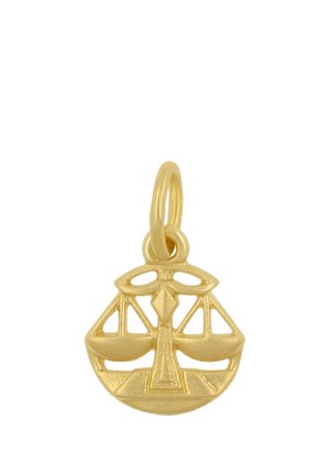 Pendentif en or en forme de balances équilibrées symbolisant la justice, avec une boucle en haut pour attacher à un collier ou un bracelet.