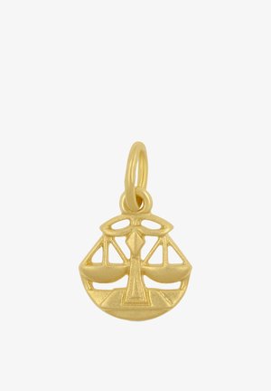 Pendentif en or en forme de balances équilibrées symbolisant la justice, avec une boucle en haut pour attacher à un collier ou un bracelet.