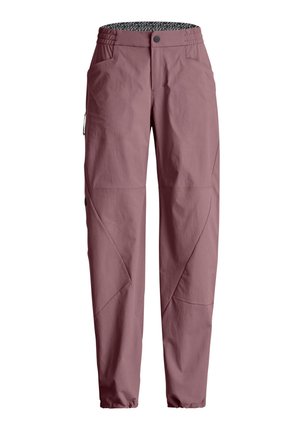 Mauvefarbene, konisch zulaufende Hose mit elastischen Bündchen, Vordertaschen, seitlicher Reißverschlusstasche und Knopfverschluss an der Taille.