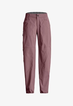 Mauvefarbene, konisch zulaufende Hose mit elastischen Bündchen, Vordertaschen, seitlicher Reißverschlusstasche und Knopfverschluss an der Taille.