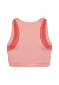 Világos rózsaszín sportmelltartó, kerek nyakkivágással és versenyhátsó kialakítással. Konstrasztos korall szegéllyel rendelkezik, sima, rugalmas anyagból készült.