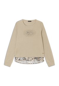 Felpa beige a maniche lunghe con scollatura rotonda, caratterizzata da una stampa animale texturizzata sull'orlo inferiore e un design grafico sul davanti.