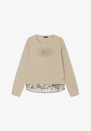 Sweatshirt beige à manches longues avec un col rond, présentant un imprimé animal texturé sur l'ourlet inférieur et un design graphique sur le devant.