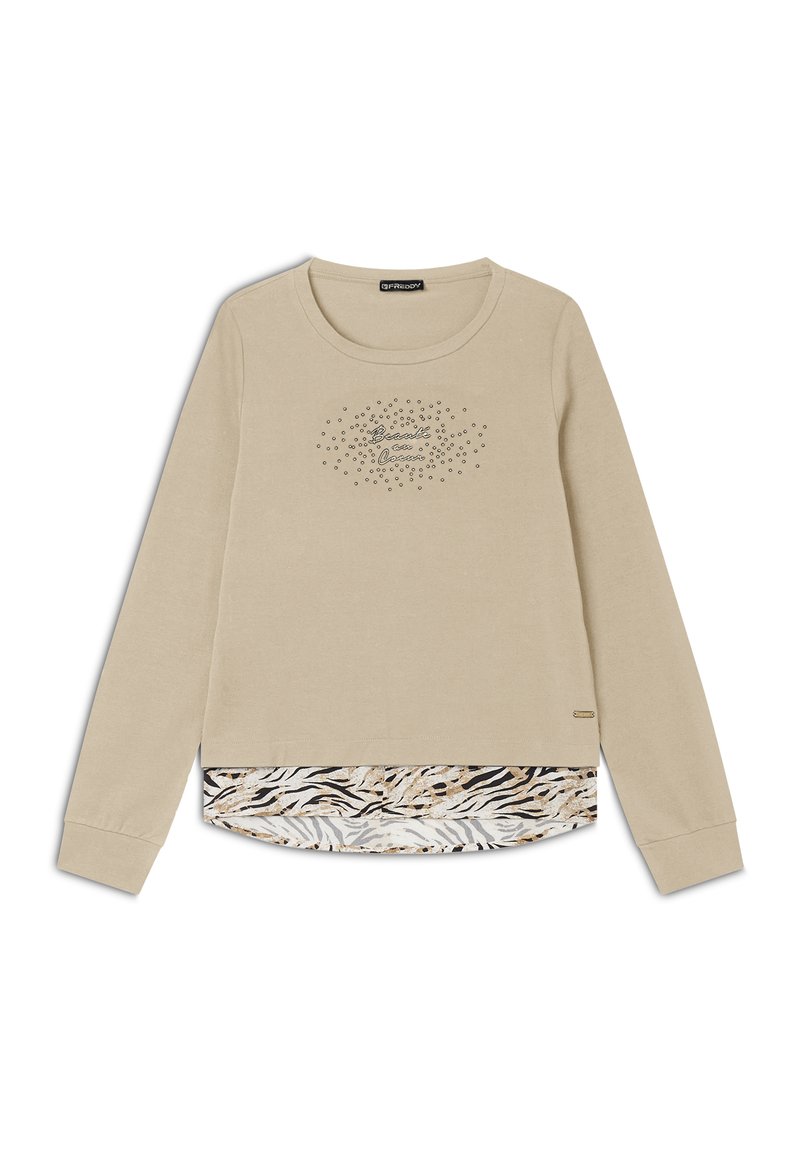 Felpa beige a maniche lunghe con scollatura rotonda, caratterizzata da una stampa animale texturizzata sull'orlo inferiore e un design grafico sul davanti.