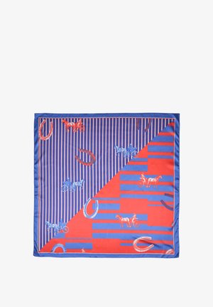 Kvadratna svilena ruta z diagonalno delitvijo; na eni strani so rdeče in modre črte z motivi kočije, ki jo vlečejo konji, in podkve.