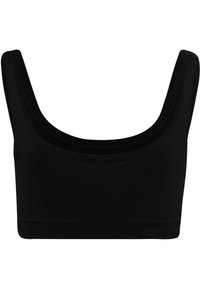 Bralette negra con tirantes anchos, escote en forma de barco y banda elástica en la parte inferior. Fabricado con una tela suave y elástica.
