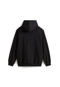 Černá mikina s kapucí vyrobená z materiálu s bavlněným vláknem, s dlouhými rukávy, klokaní kapsou a žebrovaným lemem a manžetami.