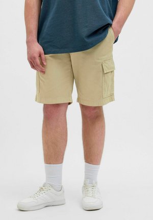 Shorts cargo beiges avec poches latérales, en coton, coupe décontractée. Associés à des baskets blanches et des chaussettes mi-mollet.
