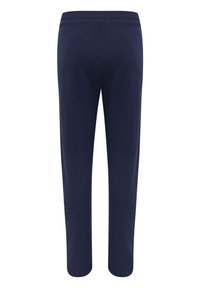 Marinblå sweatpants med mjuk textur, elastisk midja och raka ben. Inga synliga mönster eller accenter på baksidan.