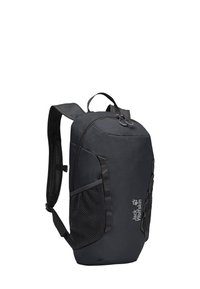 Schwarzer Rucksack aus strukturiertem Stoff, mit einem Hauptfach mit Reißverschluss, Netz-Seitentaschen und verstellbaren Trägern. Jack Wolfskin-Logo sichtbar.