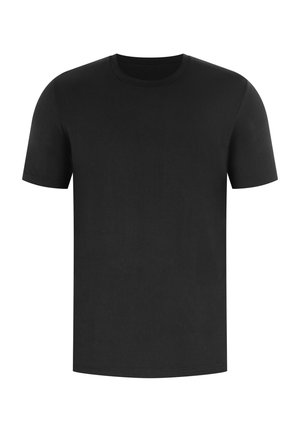 Camiseta negra de manga corta con cuello redondo, elaborada en una tela suave y lisa; cuenta con un dobladillo recto y un diseño minimalista sin patrones.
