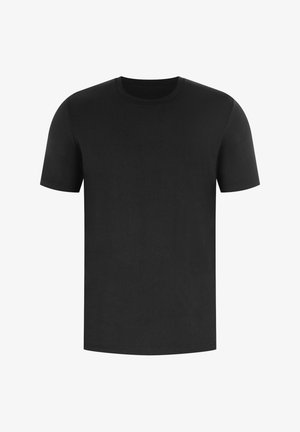 Zwart T-shirt met korte mouwen en een ronde hals, gemaakt van zachte, gladde stof; heeft een rechte zoom en een minimalistisch ontwerp zonder patronen.