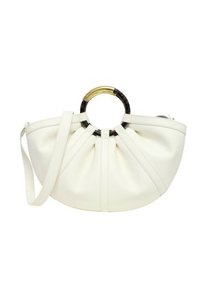 Borsa bianca a forma di mezzaluna con tracolla staccabile e dettaglio manico rotondo in tartaruga e oro.