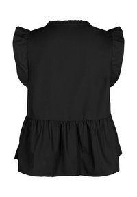 Čierna blúzka s volánovým výstrihom a krátkymi puff rukávmi, so zberaným peplum lemom a hladkou textúrou látky.