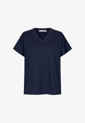 Marineblå T-shirt med kortærmer og V-hals, med en lige kant og et Masai-mærke indeni kraven.