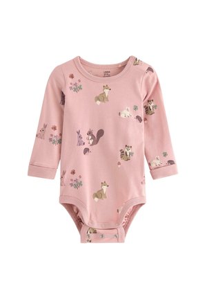 Roze lange mouw onesie met dierenillustraties en bloemenpatronen. Gemaakt van zachte stof met drukknoopsluitingen onderaan en geribbelde manchetten.