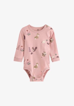 Roze lange mouw onesie met dierenillustraties en bloemenpatronen. Gemaakt van zachte stof met drukknoopsluitingen onderaan en geribbelde manchetten.