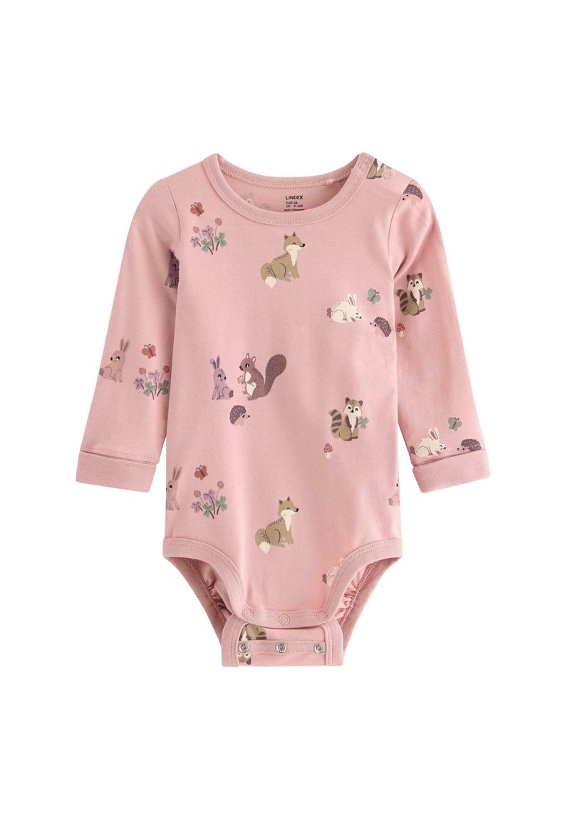 Roze lange mouw onesie met dierenillustraties en bloemenpatronen. Gemaakt van zachte stof met drukknoopsluitingen onderaan en geribbelde manchetten.