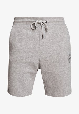 Šedé bavlněné kraťasy s elastickým pasem a šňůrkou. Obsahují boční kapsy a malé kulaté logo na levé nohavici.