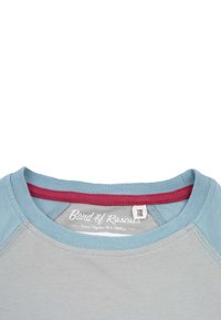 Lys grå t-shirt i økologisk bomuld med blå raglanærmer og maroon halsbånd, med trykt brandlabel på indersiden af halsen.