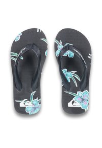 Svarta flip-flops med texturerade sulor, dekorerade med ett blommönster i teal och rosa. Remmarna är gjorda av flexibel gummi.