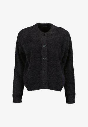 Zwarte zachte gebreide cardigan met lange mouwen, ronde halslijn en vier zwarte knopen aan de voorkant.