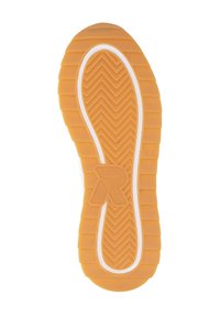 Semelle extérieure en caoutchouc orange avec un motif de bande de roulement en zigzag et un bord blanc. Comprend un logo en relief et une indication de taille. Texture de surface lisse.