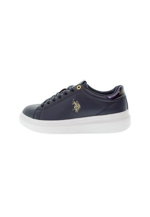 Navy leather sneakers with white rubber sole, round toe, six eyelets, gold logo accent, and padded collar for comfort.