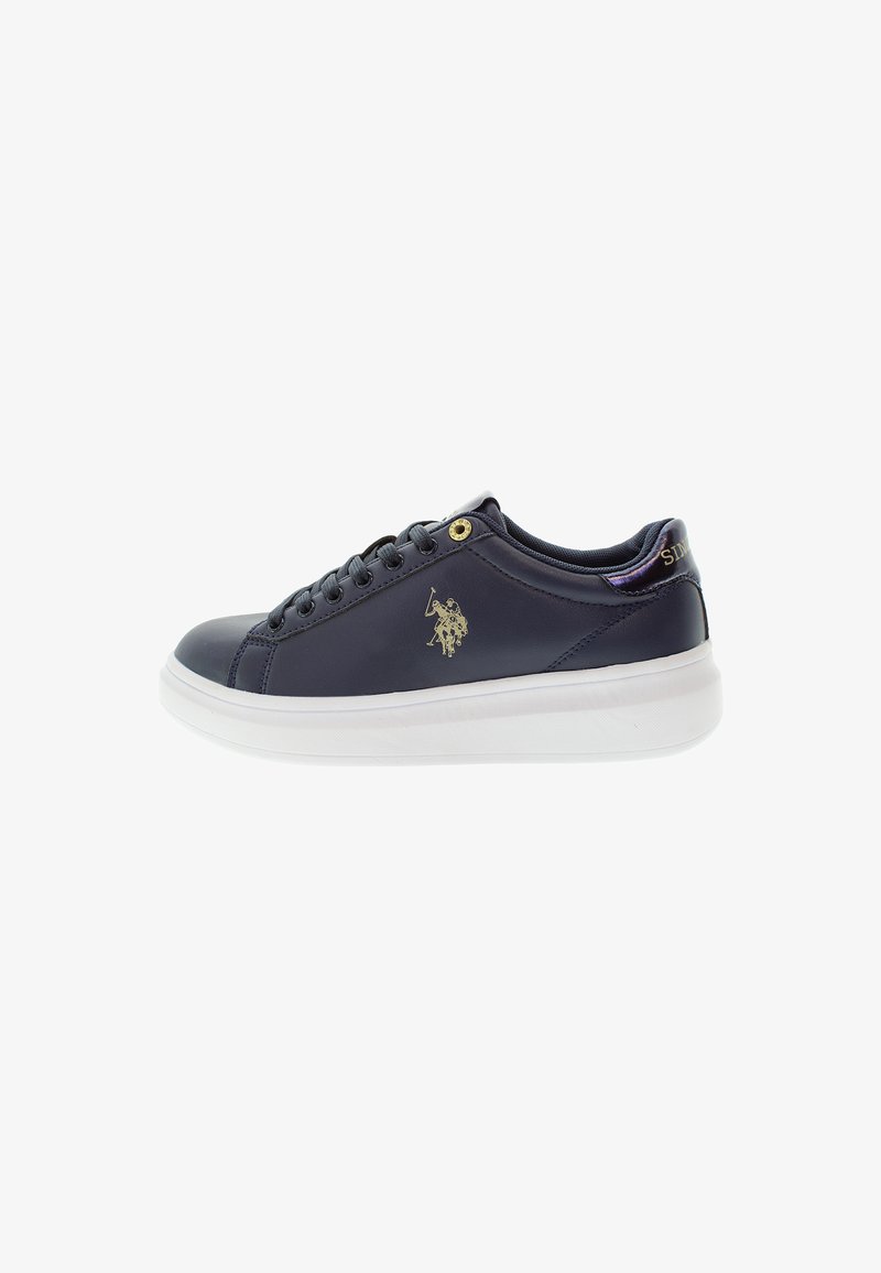 Marineblauwe leren sneakers met een witte rubberen zool, ronde neus, zes veterogen, gouden logo-accent en gevoerde kraag voor comfort.