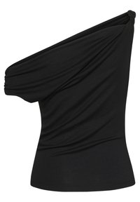 Black one-shoulder top made of smooth fabric, featuring draped detail on the shoulder and a fitted silhouette. No additional patterns or accents.
