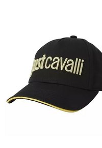 Casquette noire avec une visière courbée, ornée de "justcavalli" brodé en or. Comprend un accent jaune le long du bord de la visière.