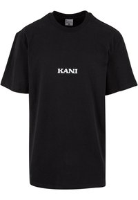 Black cotton t-shirt featuring short sleeves, a crew neck, and a white printed "KANI" logo on the chest. Smooth texture, relaxed fit.