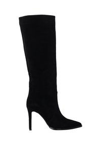 Czarne zamszowe kozaki za kolano z ostrym noskiem i wysokim obcasem typu stiletto. Gładka tekstura i minimalistyczny design.