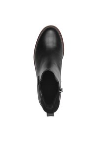 Botte de cheville en cuir noir avec bout rond, fermeture éclair sur le côté et semelle marron vue de dessus sur fond blanc.