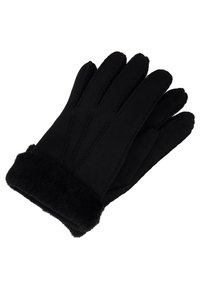 Guanti neri realizzati in morbido materiale con polsino in pelliccia sintetica. Presentano cuciture lungo la parte superiore e un design a cinque dita per calore e comfort.