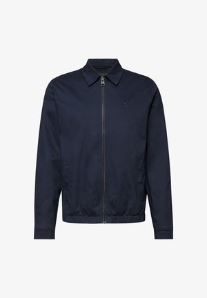 Navy blue men's jacket with full front zipper, collar, elasticated hem, and subtle logo on left chest.