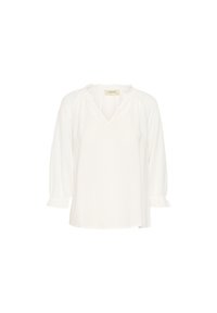 Blusa bianca leggera con scollatura a V, dettagli arricciati all'collo e ai polsi, e maniche a tre quarti. Tessuto morbido e testurizzato.