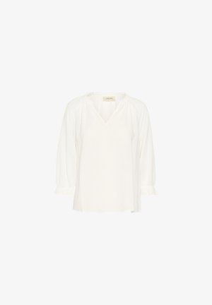 Biała, lekka bluzka z dekoltem w serek, z marszczeniami przy dekolcie i mankietach, oraz rękawami o długości trzy czwarte. Miękka, teksturowana tkanina.