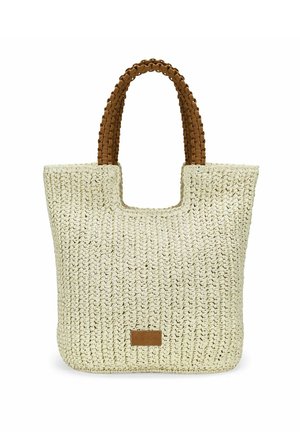 Bolso de tote tejido en color crema con un acabado texturizado. Mangas trenzadas en marrón y una pequeña etiqueta de cuero como acento. Forma cuadrada, diseño sin tapa.