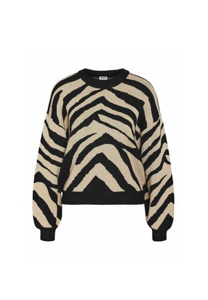Cream and black zebra-patterned sweater, featuring a round neckline, long sleeves, and a relaxed fit with textured fabric.