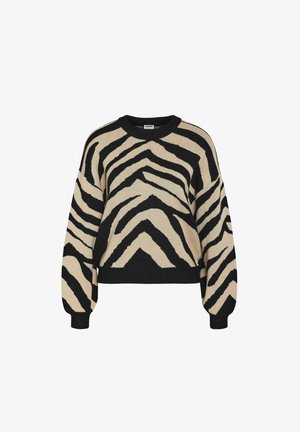 Pulover cu model de zebra în culori crem și negru, având un guler rotund, mâneci lungi și o croială lejeră, confecționat dintr-un material texturat.